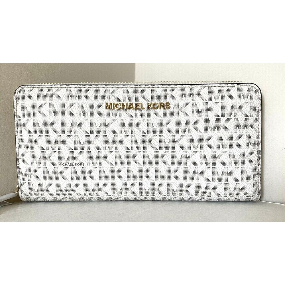New Michael Kors Large zip around Continental wallet Logo Vanilla with Gift Box